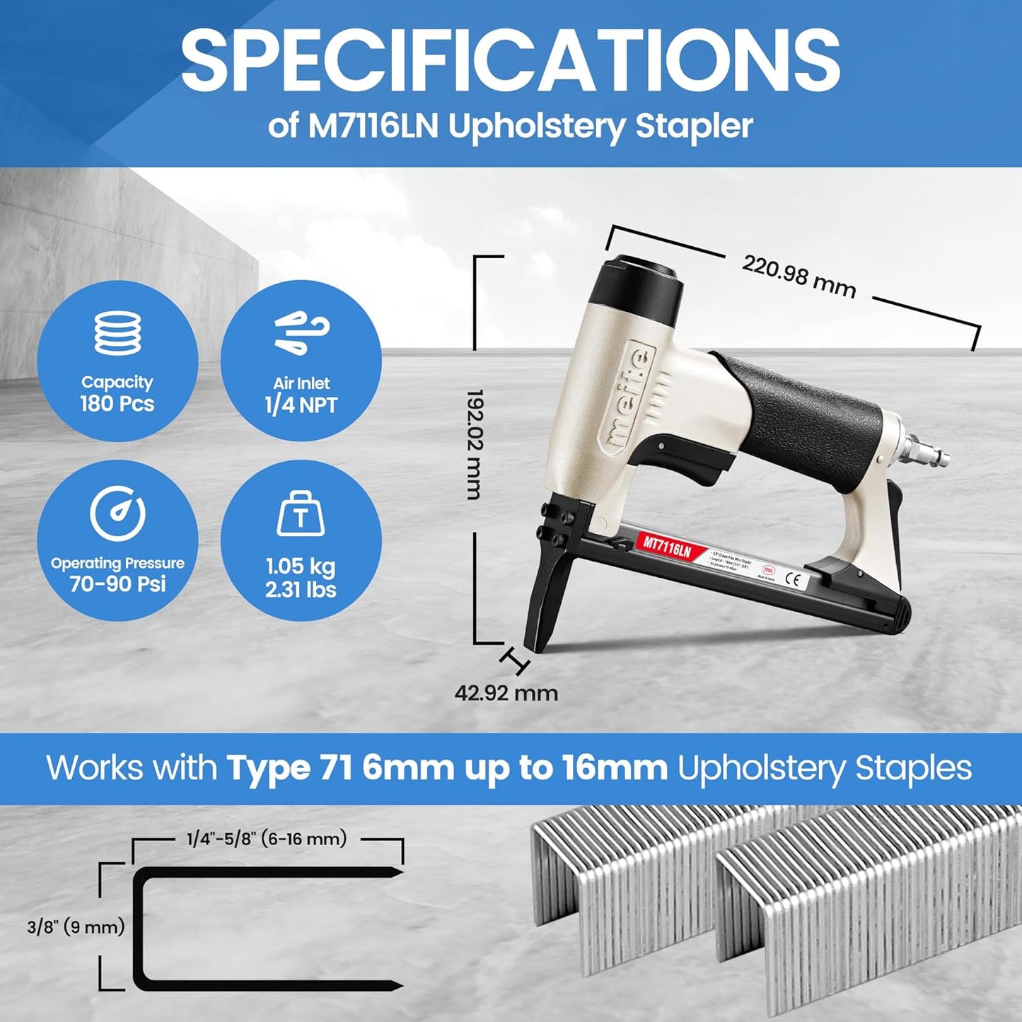 Meite 22 Gauge Staple Gun - Long Nose - for Upholstery, Permanent lighting, or small diy projects